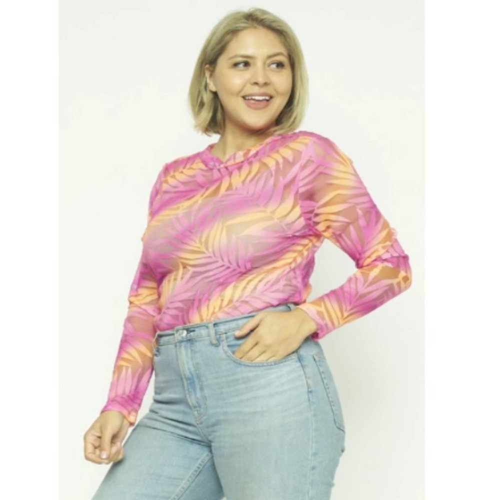 Long Sleeve Leaf Print Body Suit - 2X